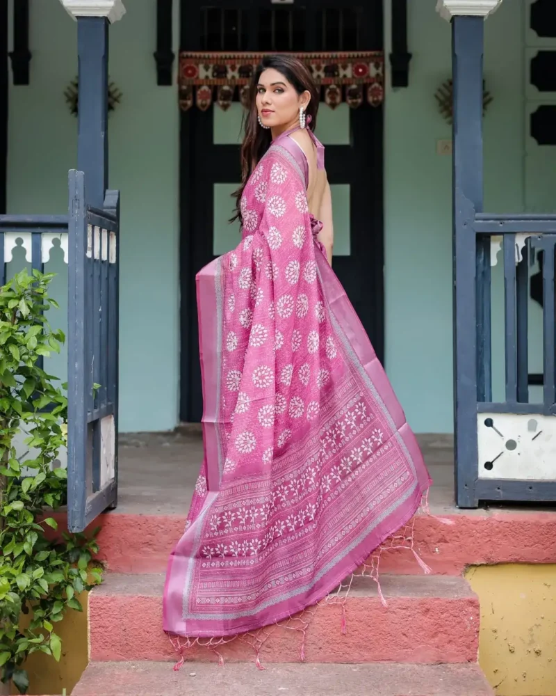 Vibrant Purple Pure Linen Saree With Tassels