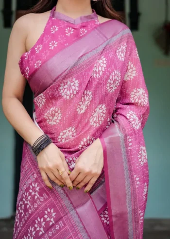 Vibrant Purple Pure Linen Saree With Tassels