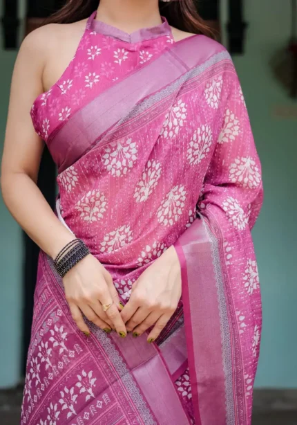 Vibrant Purple Pure Linen Saree With Tassels