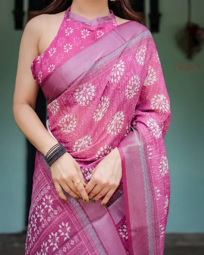Vibrant Purple Pure Linen Saree With Tassels