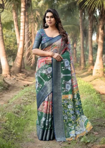 Vibrant Temple Motifs and Elephants Art Printed Tussar Silk Saree