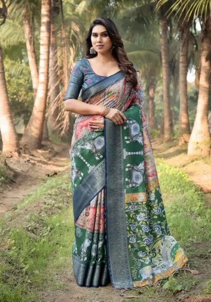 Vibrant Temple Motifs and Elephants Art Printed Tussar Silk Saree