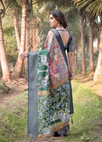 Vibrant Temple Motifs and Elephants Art Printed Tussar Silk Saree