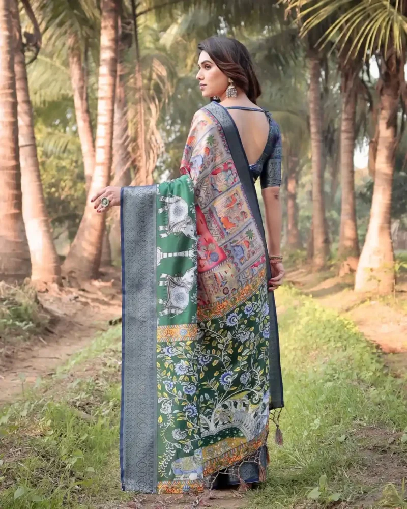 Vibrant Temple Motifs and Elephants Art Printed Tussar Silk Saree