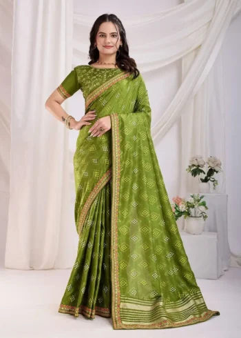 Vichitra Silkgolden Foil Bandhani Printed Lace Embroidery Work Saree