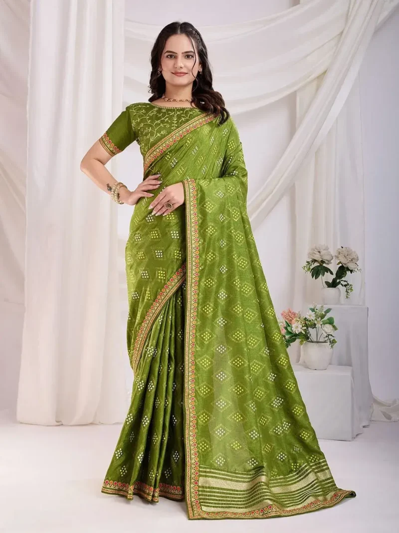Vichitra Silkgolden Foil Bandhani Printed Lace Embroidery Work Saree