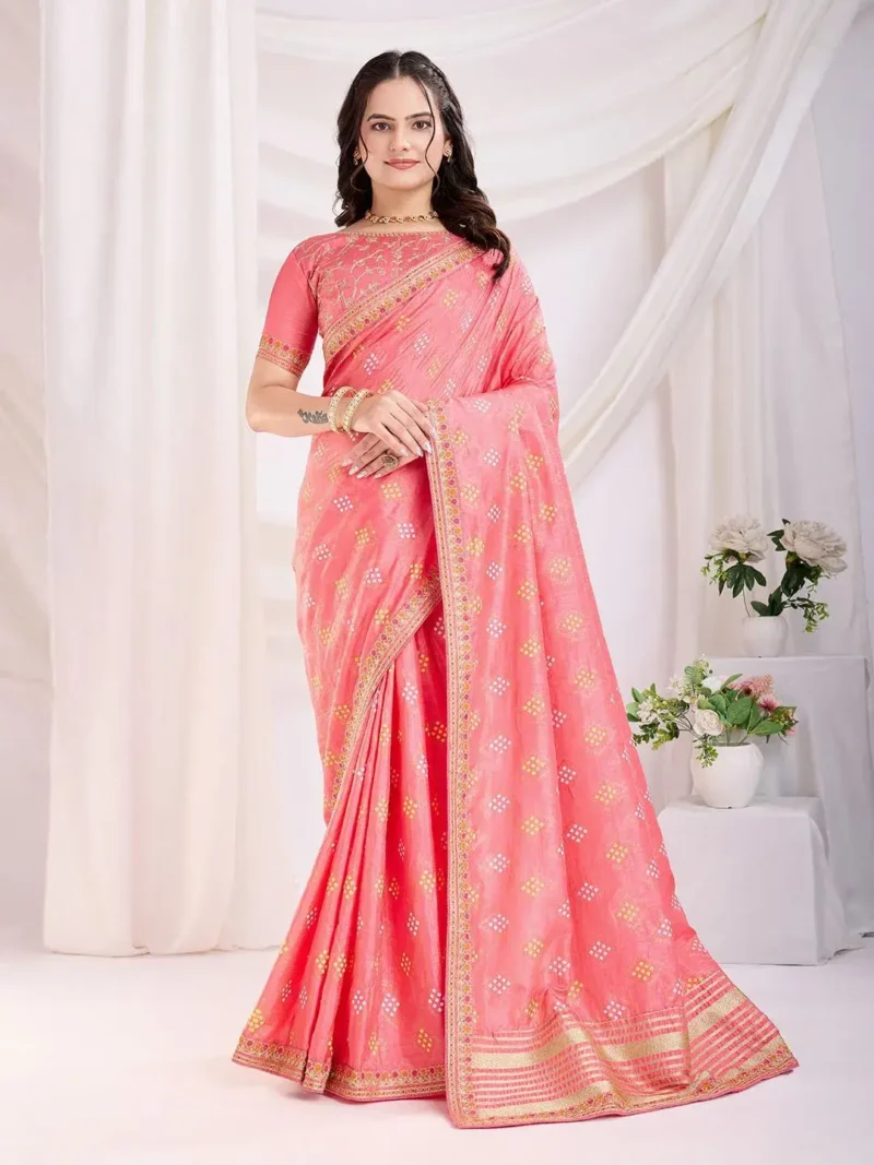 Vichitra Silkgolden Foil Bandhani Printed Lace Embroidery Work Saree