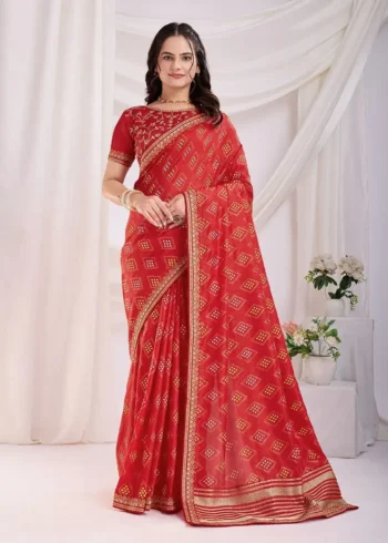 Vichitra Silkgolden Foil Bandhani Printed Lace Embroidery Work Saree