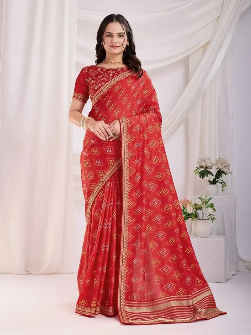 Vichitra Silkgolden Foil Bandhani Printed Lace Embroidery Work Saree