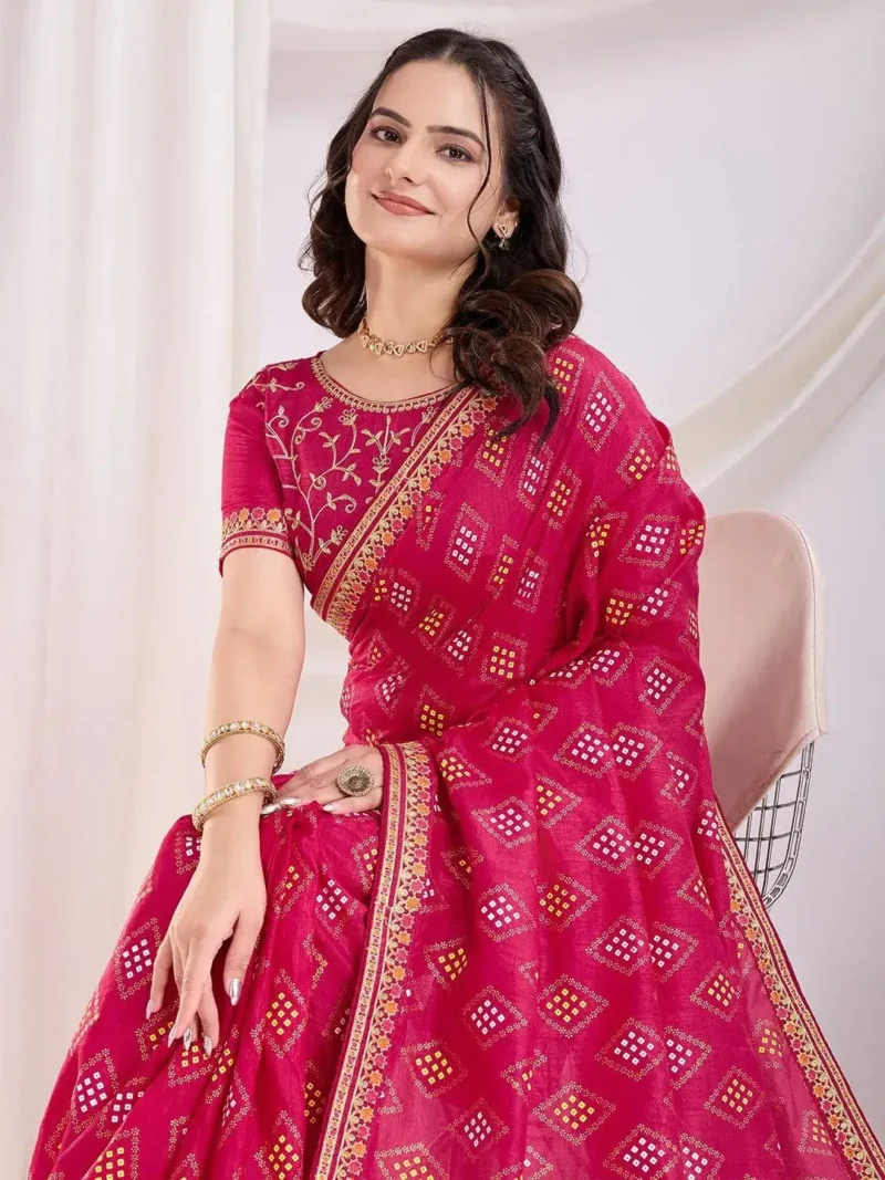 Vichitra Silkgolden Foil Bandhani Printed Lace Embroidery Work Saree