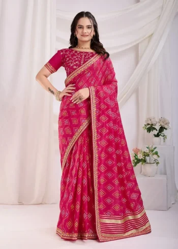 Buy Pink Colour Saree 41 Vichitra Silkgolden Foil Bandhani Printed Lace Embroidery Work Saree