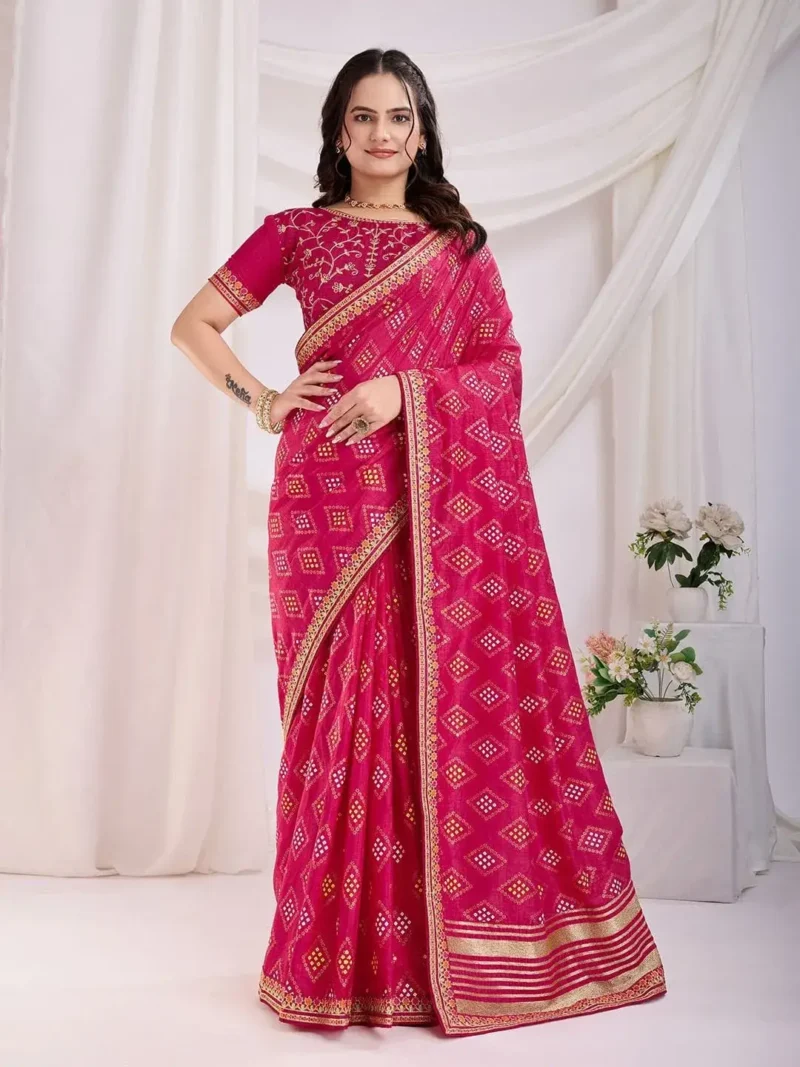 Vichitra Silkgolden Foil Bandhani Printed Lace Embroidery Work Saree