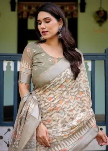 Warm Beige With Colorful Leaf Motifs Pure Linen Saree
