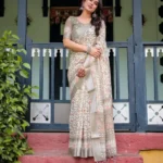 Warm Beige With Colorful Leaf Motifs Pure Linen Saree