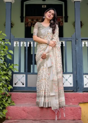 Warm Beige With Colorful Leaf Motifs Pure Linen Saree