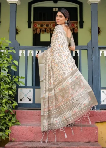 Warm Beige With Colorful Leaf Motifs Pure Linen Saree