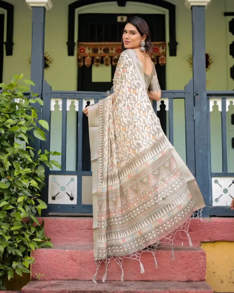 Warm Beige With Colorful Leaf Motifs Pure Linen Saree