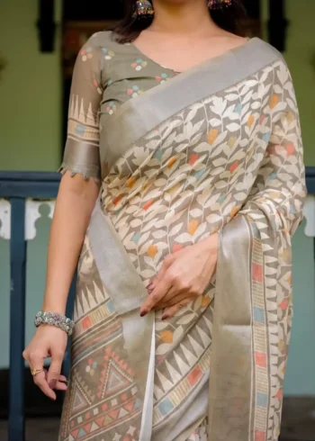 Warm Beige With Colorful Leaf Motifs Pure Linen Saree