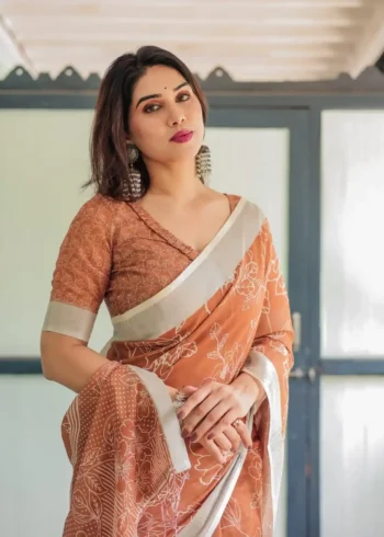Warm Terracotta Brown Linen Saree With White Floral Prints