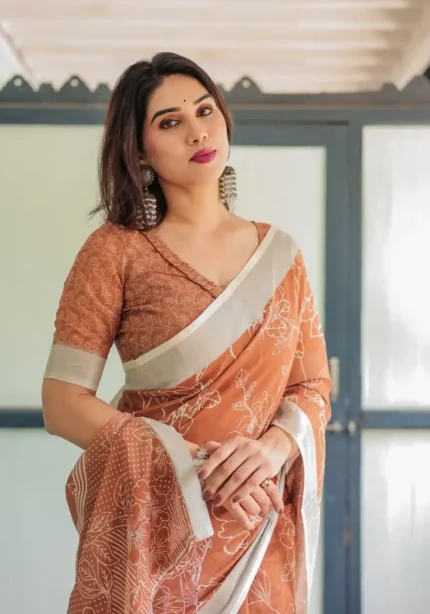 Warm Terracotta Brown Linen Saree With White Floral Prints