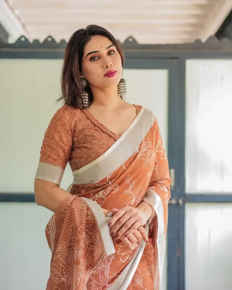 Warm Terracotta Brown Linen Saree With White Floral Prints