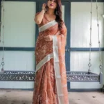Warm Terracotta Brown Linen Saree With White Floral Prints