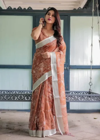 Warm Terracotta Brown Linen Saree With White Floral Prints