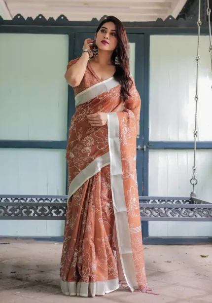 Warm Terracotta Brown Linen Saree With White Floral Prints