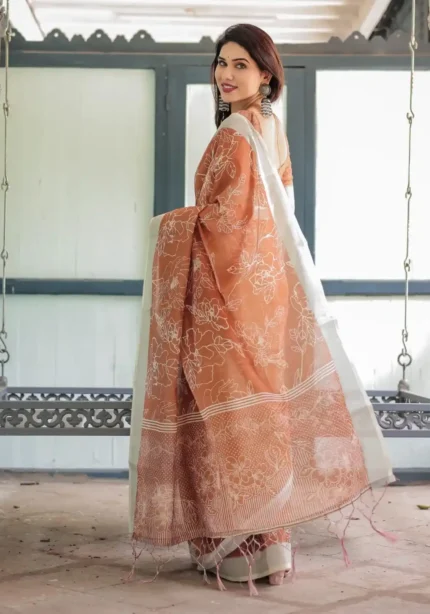 Warm Terracotta Brown Linen Saree With White Floral Prints