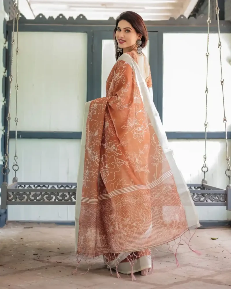 Warm Terracotta Brown Linen Saree With White Floral Prints