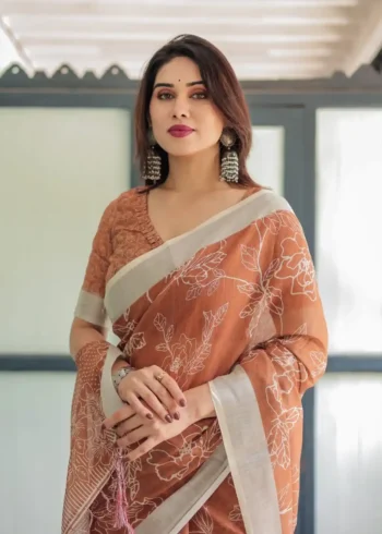 Warm Terracotta Brown Linen Saree With White Floral Prints