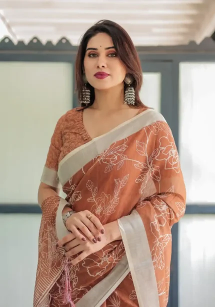 Warm Terracotta Brown Linen Saree With White Floral Prints