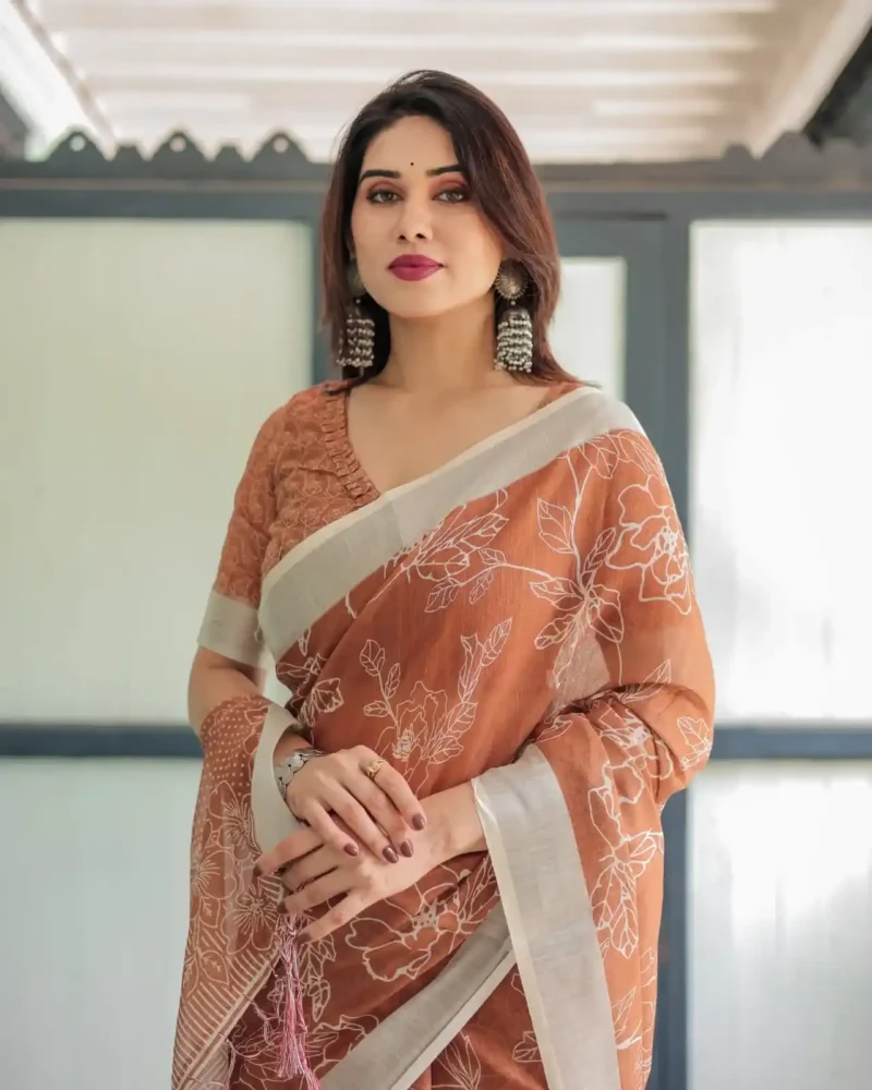 Warm Terracotta Brown Linen Saree With White Floral Prints