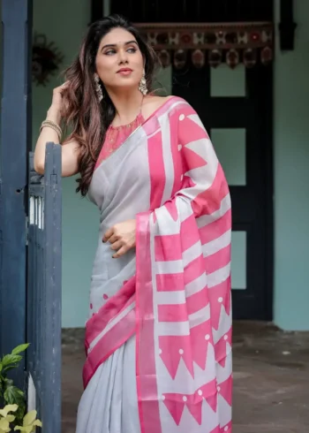White Base Pure Linen Saree With Vibrant Pink Border