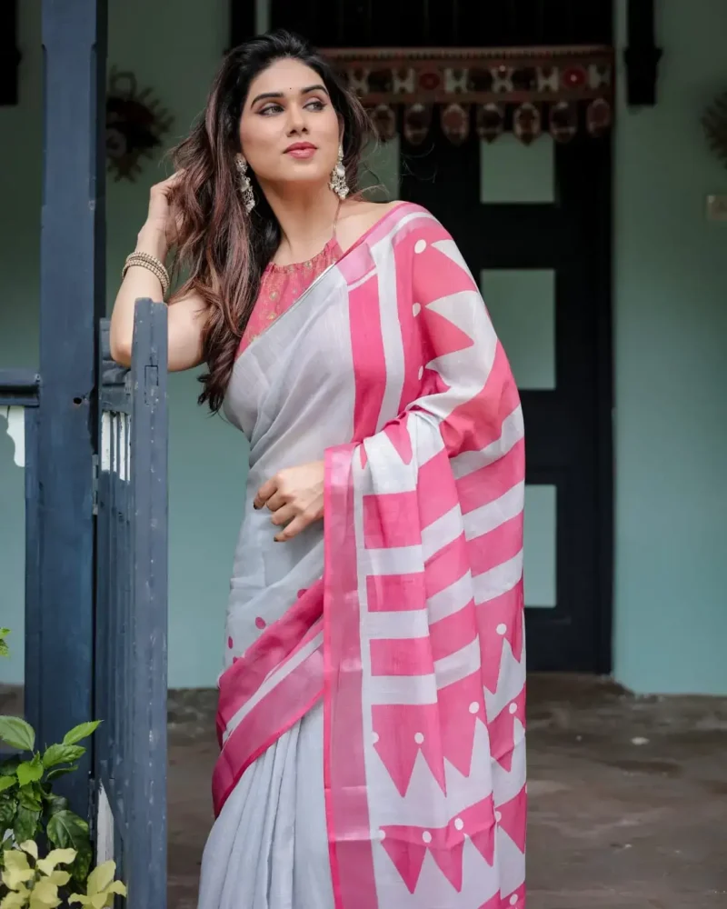 White Base Pure Linen Saree With Vibrant Pink Border