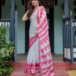 White Base Pure Linen Saree With Vibrant Pink Border