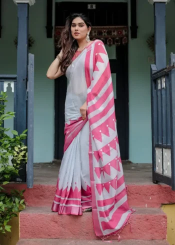 White Base Pure Linen Saree With Vibrant Pink Border