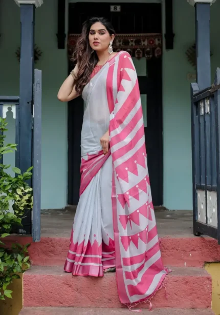 White Base Pure Linen Saree With Vibrant Pink Border