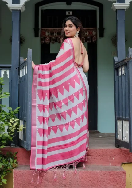 White Base Pure Linen Saree With Vibrant Pink Border