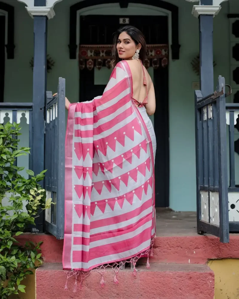 White Base Pure Linen Saree With Vibrant Pink Border