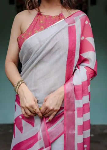 White Base Pure Linen Saree With Vibrant Pink Border