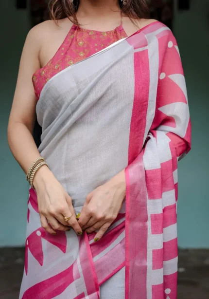 White Base Pure Linen Saree With Vibrant Pink Border