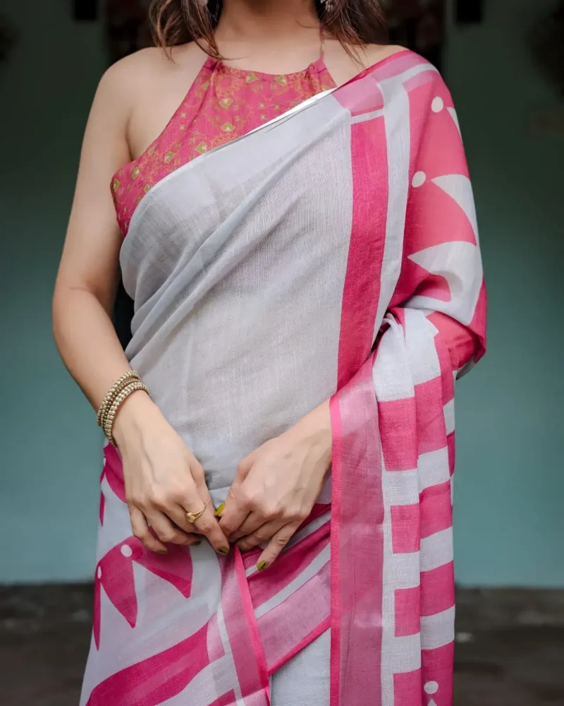 White Base Pure Linen Saree With Vibrant Pink Border