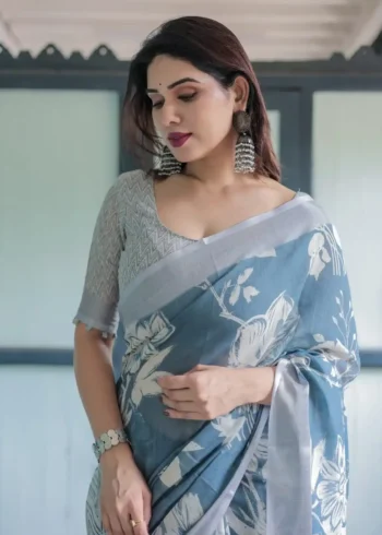White Floral Patterns Blue Shade Linen Saree