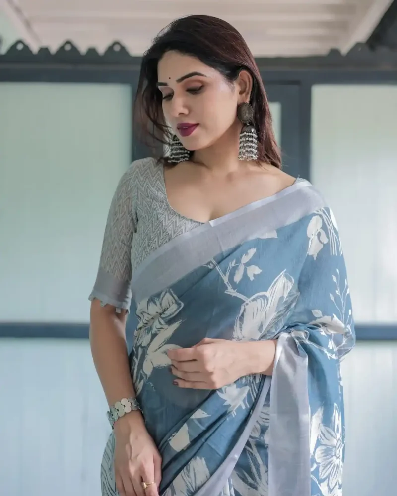 White Floral Patterns Blue Shade Linen Saree
