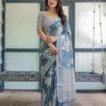 White Floral Patterns Blue Shade Linen Saree