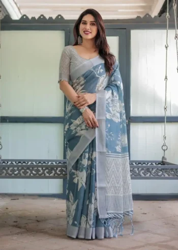 White Floral Patterns Blue Shade Linen Saree