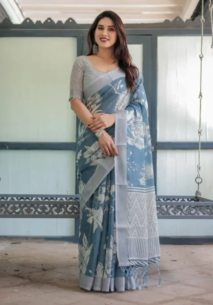 White Floral Patterns Blue Shade Linen Saree