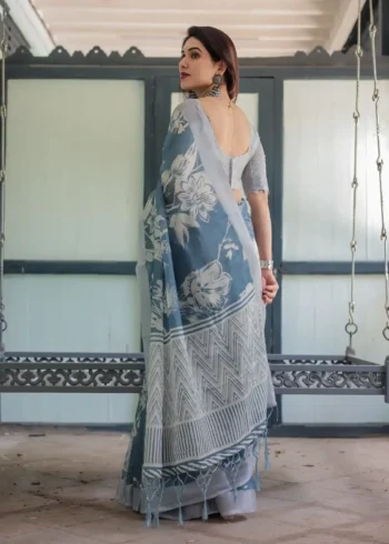 White Floral Patterns Blue Shade Linen Saree