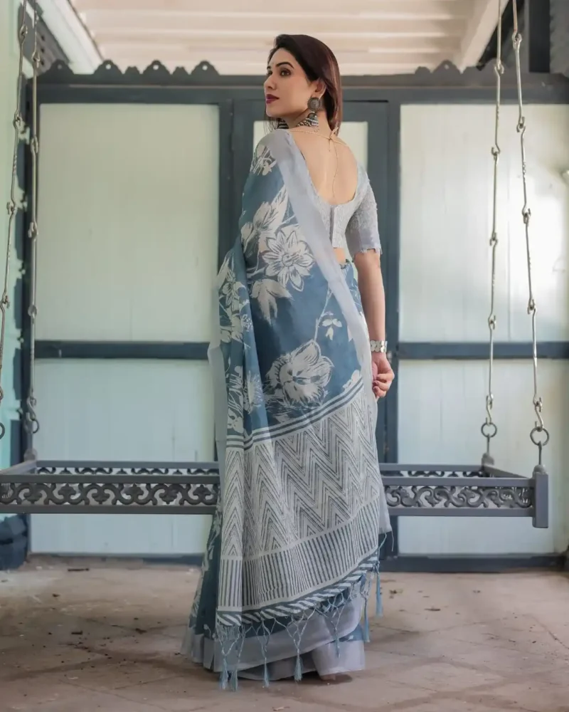White Floral Patterns Blue Shade Linen Saree
